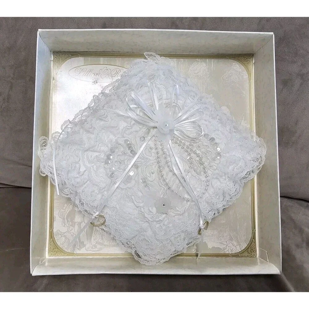 Lillian Rose Ring Bearer Pillow Vtg Layers of Lace Sequins Faux Pearls Ribbons